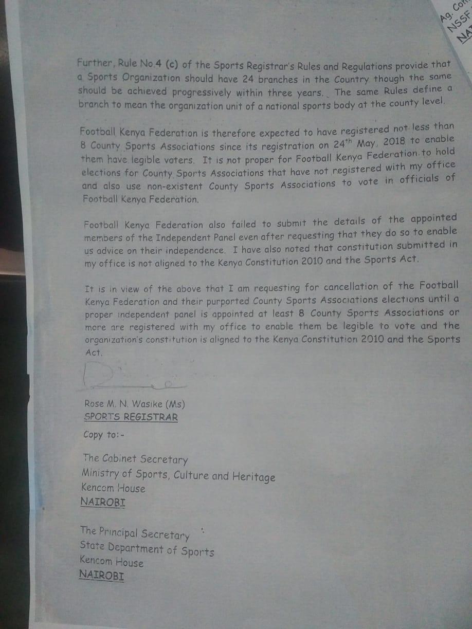 Copy of the letter from the Kenyan ministry of Sports holding KFF elections in November last year.